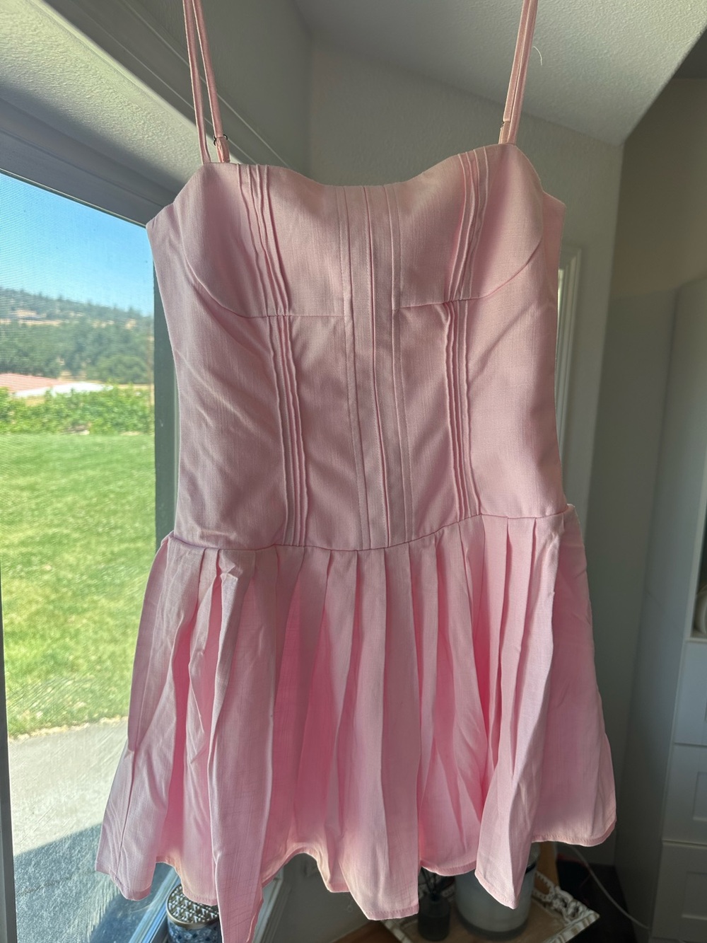 Slim-Strap Blush Mini Dress with Pleated Skirt - Picture 2 of 3